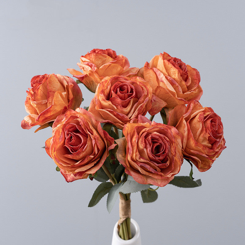 16.9 Inch Artificial Burnt-Edge Rose Bouquet, 10 Stems, Fall Colors Silk Flowers for Autumn Decor, Thanksgiving & Harvest Displays