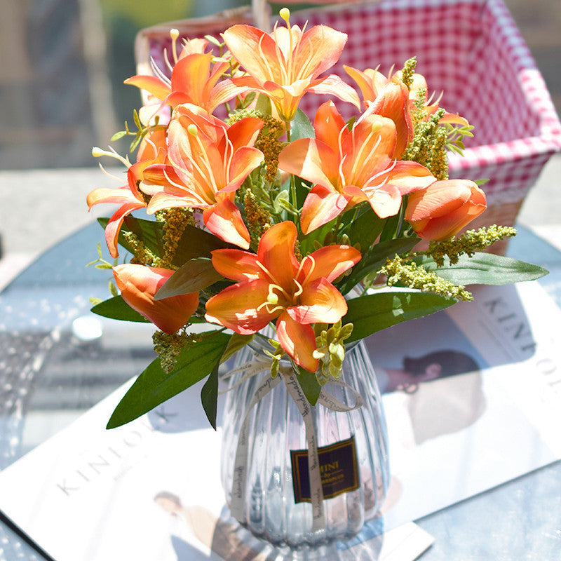 15 Inch Artificial Lily and Tulip Mixed Bush Bouquet, 1 Piece, Silk Flowers for Wedding and Home Decor