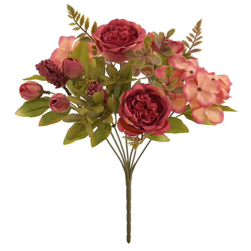 12.5 Inch Mixed Artificial Flower Bouquet 10 Pcs Peony Rose Bud Hydrangea Bush Arrangement