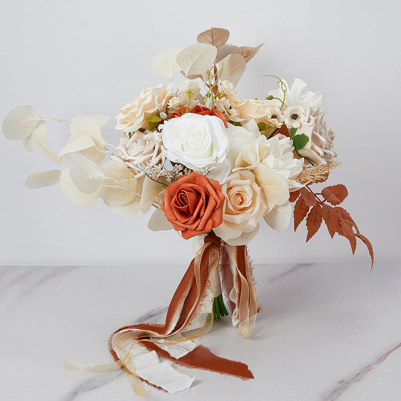 7 Pcs Artificial Champagne and Orange Rose Bridal and Bridesmaid Bouquet Set