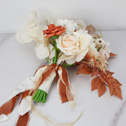 7 Pcs Artificial Champagne and Orange Rose Bridal and Bridesmaid Bouquet Set