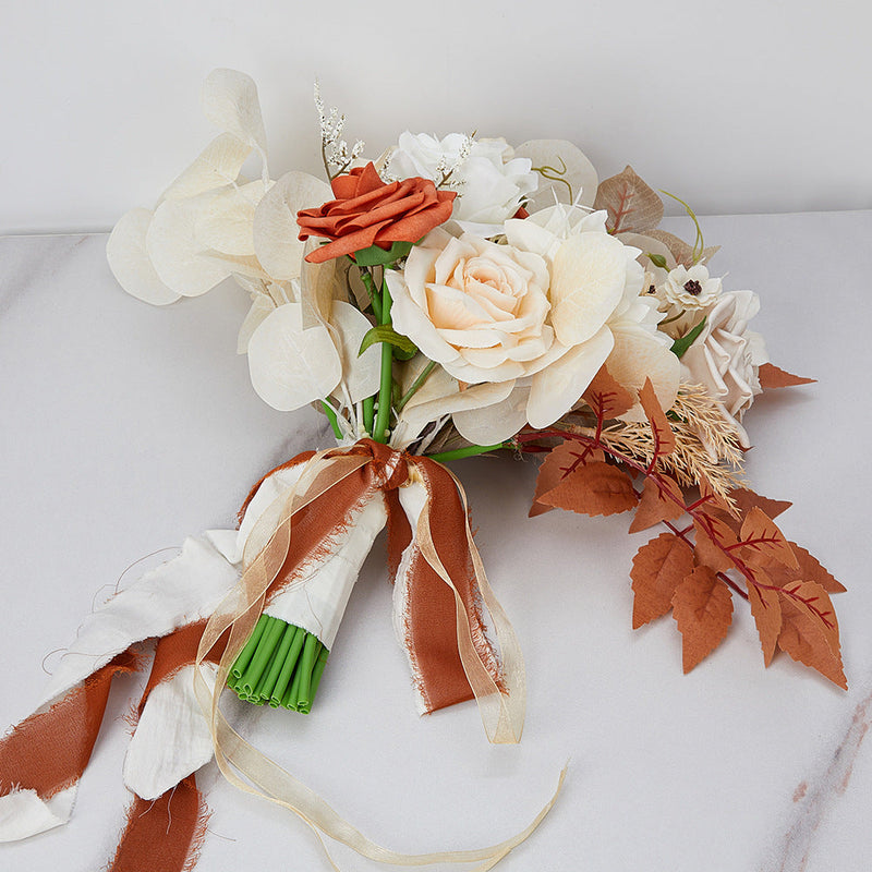 7 Pcs Artificial Champagne and Orange Rose Bridal and Bridesmaid Bouquet Set