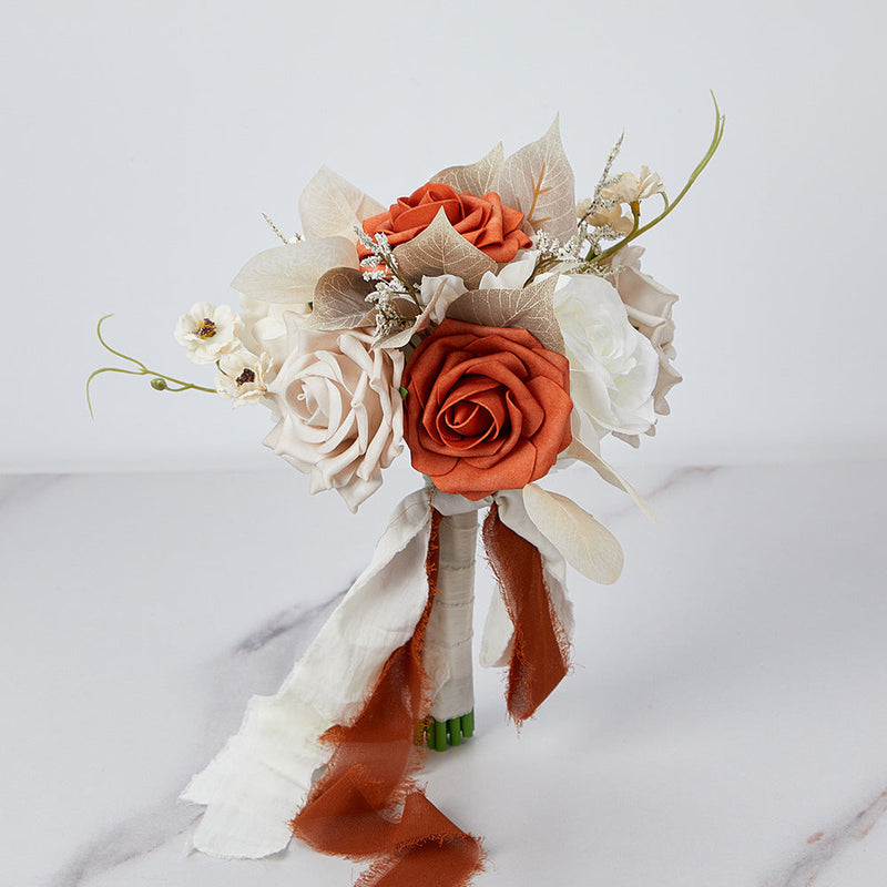 7 Pcs Artificial Champagne and Orange Rose Bridal and Bridesmaid Bouquet Set