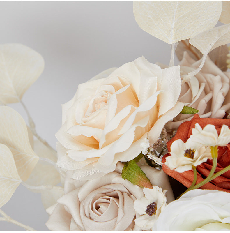 7 Pcs Artificial Champagne and Orange Rose Bridal and Bridesmaid Bouquet Set