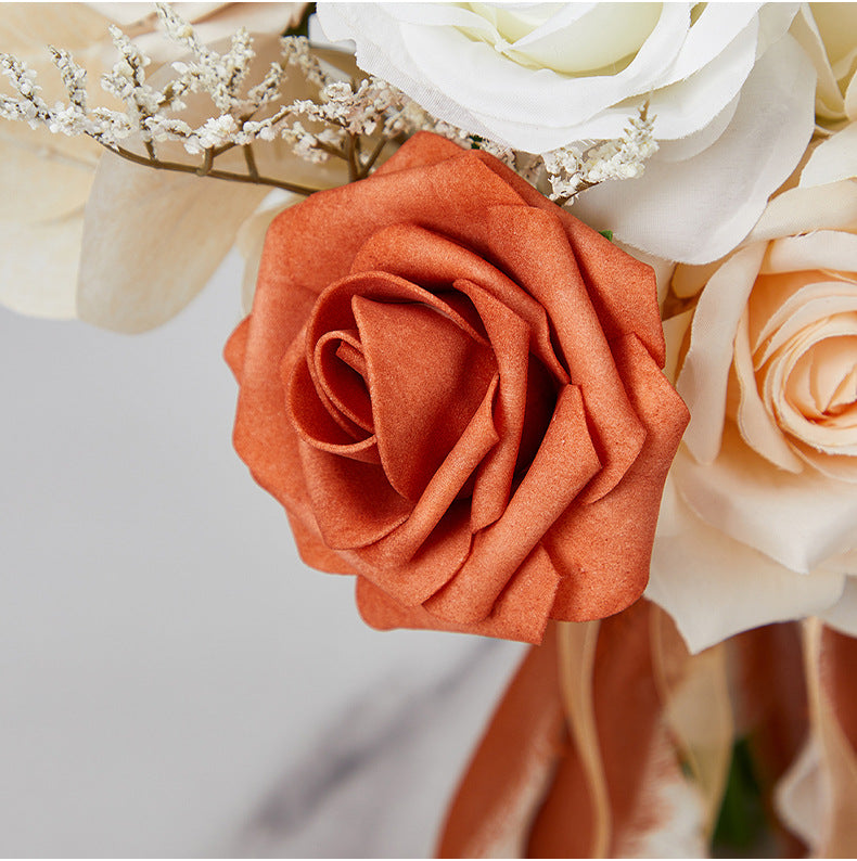 7 Pcs Artificial Champagne and Orange Rose Bridal and Bridesmaid Bouquet Set