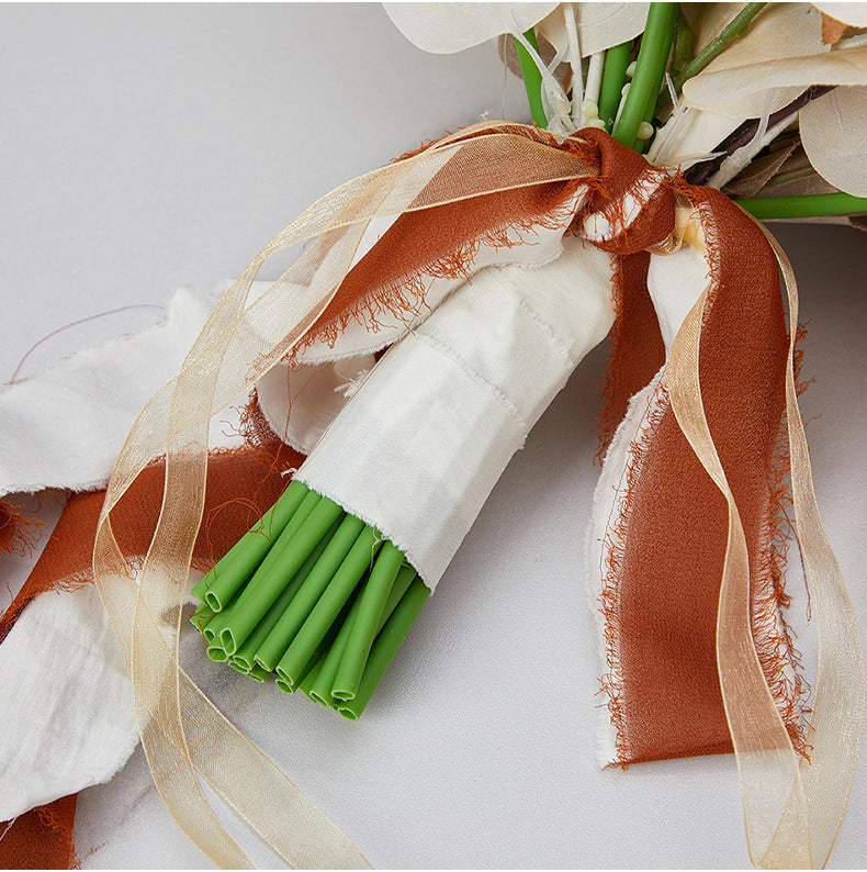 7 Pcs Artificial Champagne and Orange Rose Bridal and Bridesmaid Bouquet Set