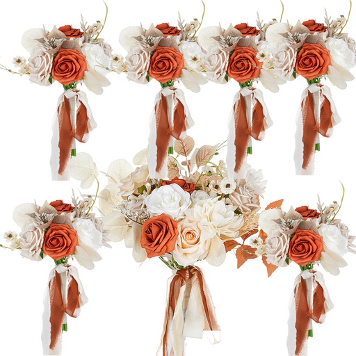 7 Pcs Artificial Champagne and Orange Rose Bridal and Bridesmaid Bouquet Set