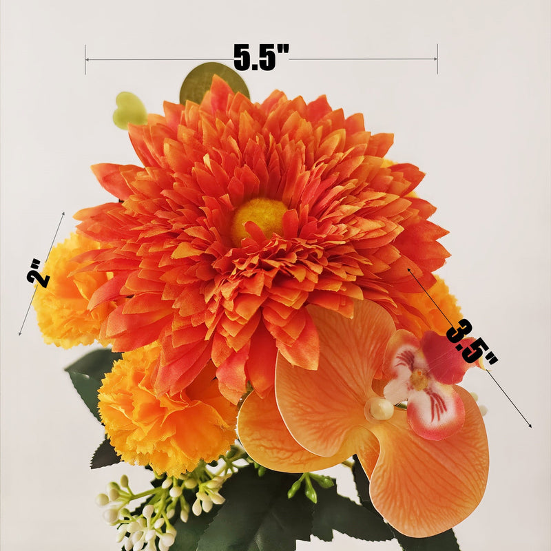 11 Inch Artificial Orange Flower Bouquet, 7 Stems Sunflower, Carnation & Orchid for Autumn Decor
