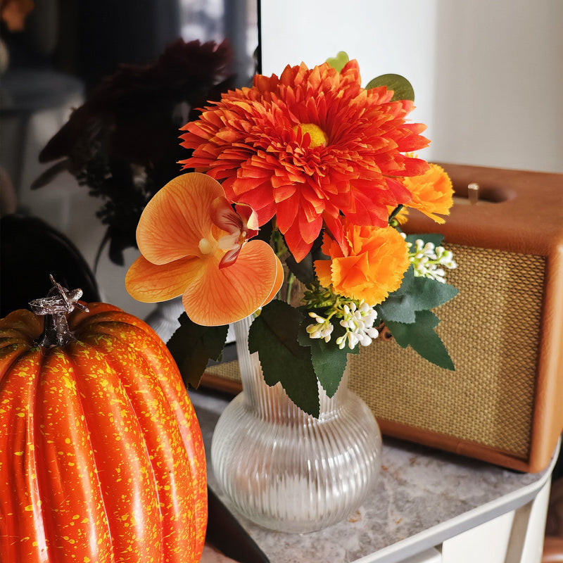 11 Inch Artificial Orange Flower Bouquet, 7 Stems Sunflower, Carnation & Orchid for Autumn Decor