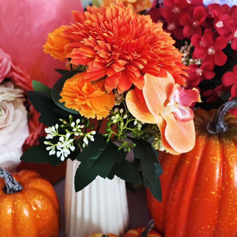 11 Inch Artificial Orange Flower Bouquet, 7 Stems Sunflower, Carnation & Orchid for Autumn Decor