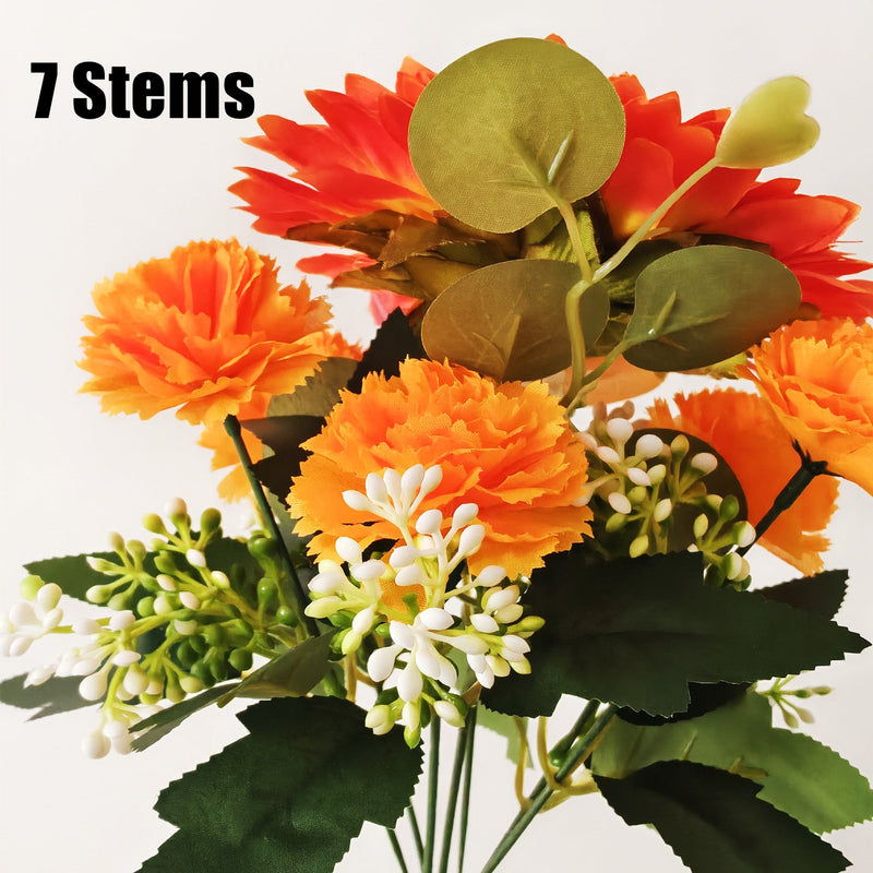 11 Inch Artificial Orange Flower Bouquet, 7 Stems Sunflower, Carnation & Orchid for Autumn Decor