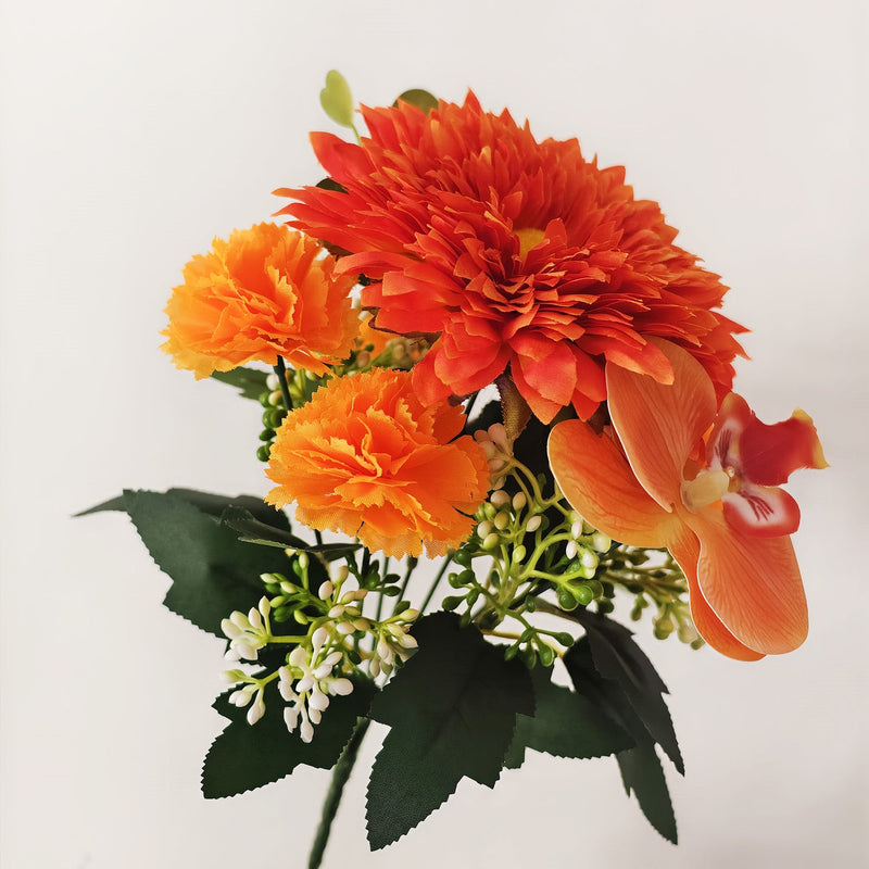 11 Inch Artificial Orange Flower Bouquet, 7 Stems Sunflower, Carnation & Orchid for Autumn Decor