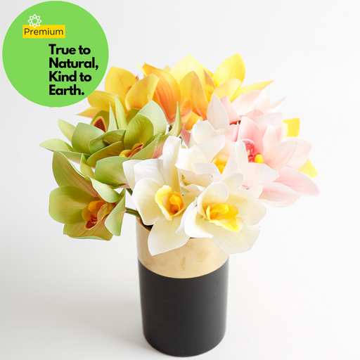 Real Touch Cymbidium Orchid Stem, Artificial Silk Flower, 1 Stem, Green and White, 24 Inch