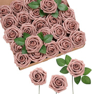 25 Pcs Artificial Foam Roses with Stems White 12 Inch Realistic DIY Wedding Bouquet Centerpieces