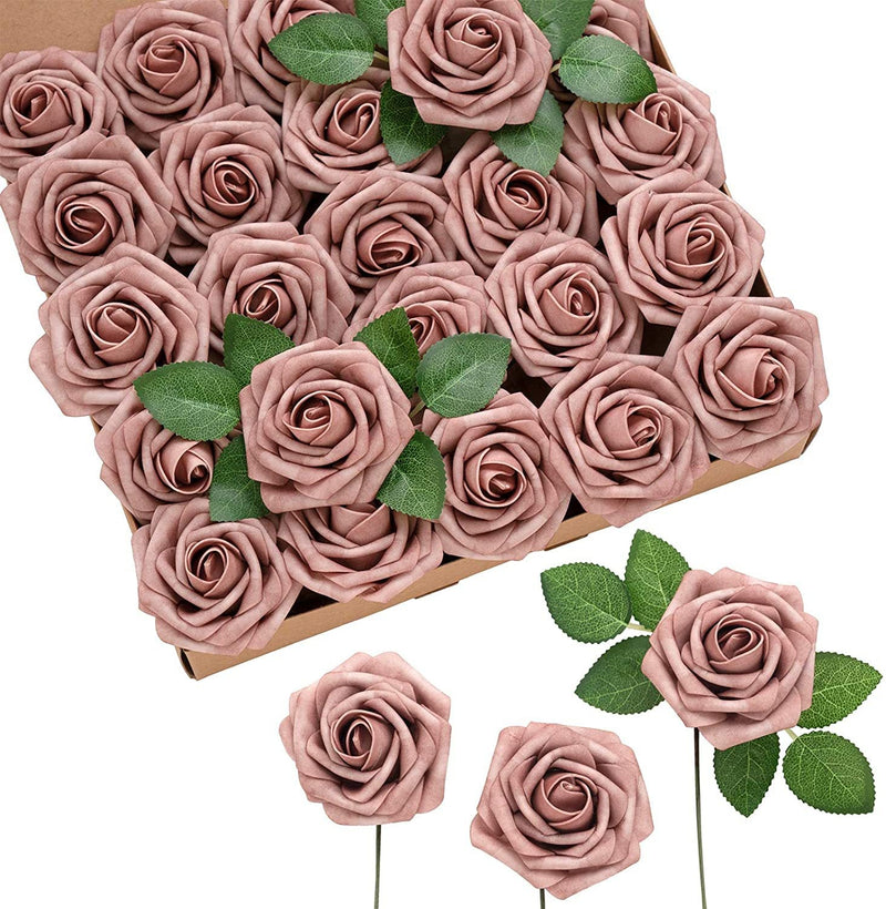 25 Pcs Artificial Foam Roses with Stems White 12 Inch Realistic DIY Wedding Bouquet Centerpieces
