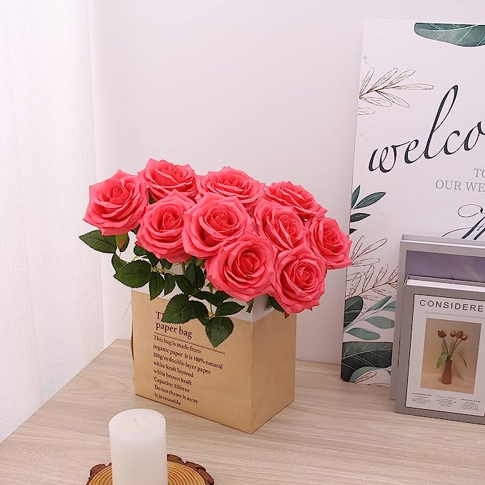 10 Pcs Artificial Silk Rose Stems, 12 Inch, Red, Wholesale Bouquet Flowers