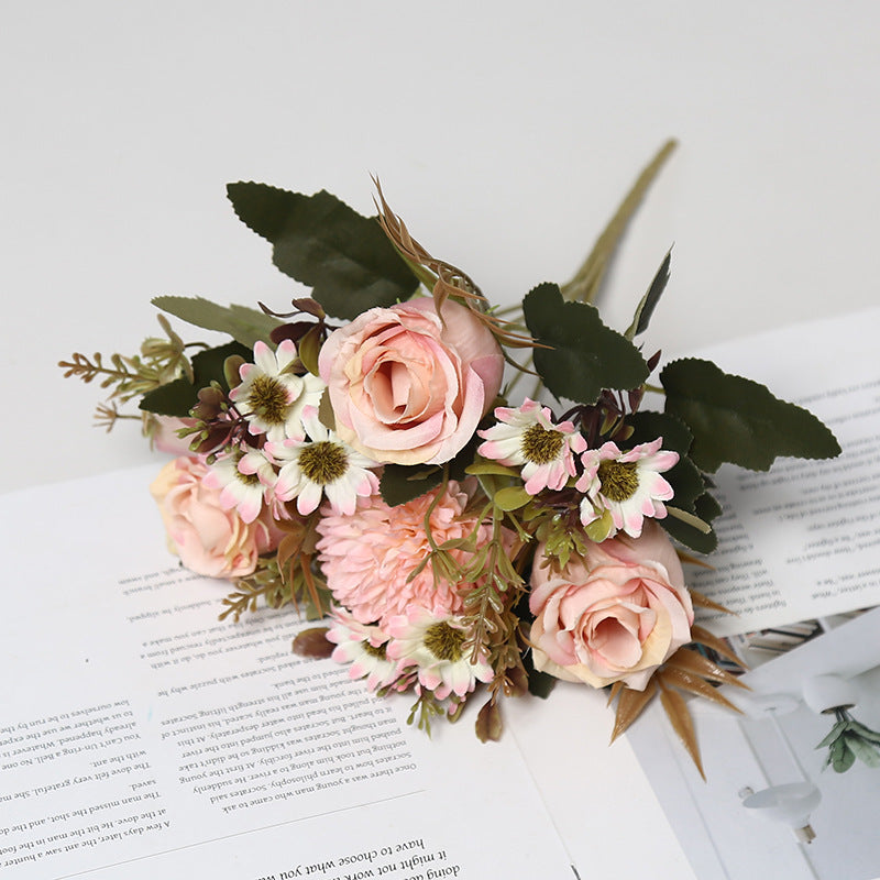 11.8 Inch Artificial Rose Bush Bouquet with Mum & Daisy, Mixed Small Silk Flowers, 1 Bouquet for Table Arrangement, Home Decor, Wedding DIY
