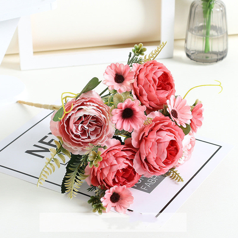 11.8 Inch Artificial Peony and Daisy Bush Bouquet, Mixed Flowers, Small Table Arrangement, 1 Piece, Silk Flowers for Home Decor and Wedding DIY