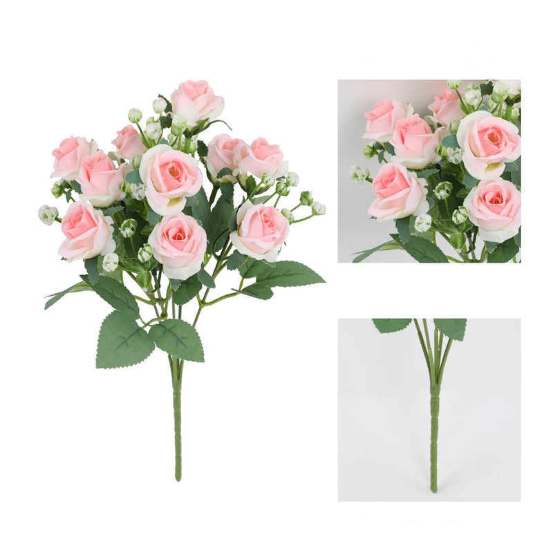 11.8 Inch Artificial Small Rose Blooming Bush with Baby's Breath Bouquet, Bulk Quantity