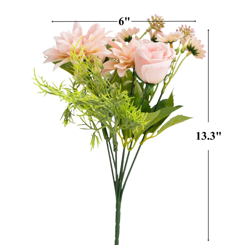 13 Inch Silk Rose Bush with Daisy and Dahlia Flowers, Mixed Artificial Floral Stems for Crafts, Bulk Quantity