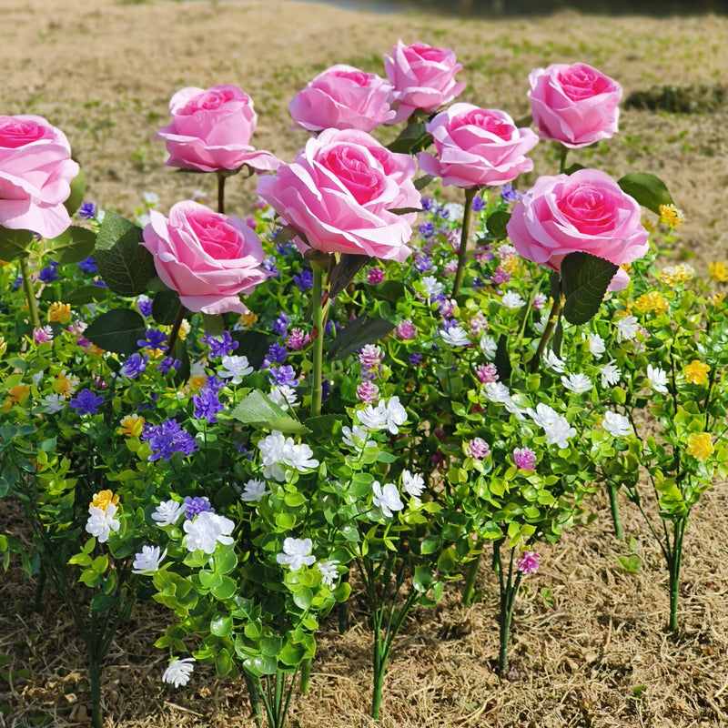 30 Pcs Mixed Artificial Rose Flowers with Greenery, UV Resistant Outdoor Faux Plants