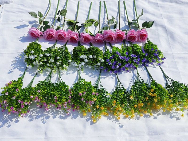30 Pcs Mixed Artificial Rose Flowers with Greenery, UV Resistant Outdoor Faux Plants