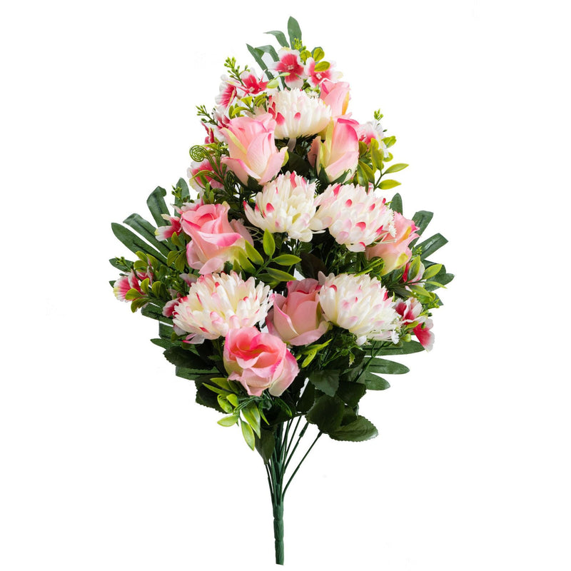 25.5 Inch Artificial Large Bush Mum Flowers with Rose Buds – Bulk Cemetery Floral Arrangement