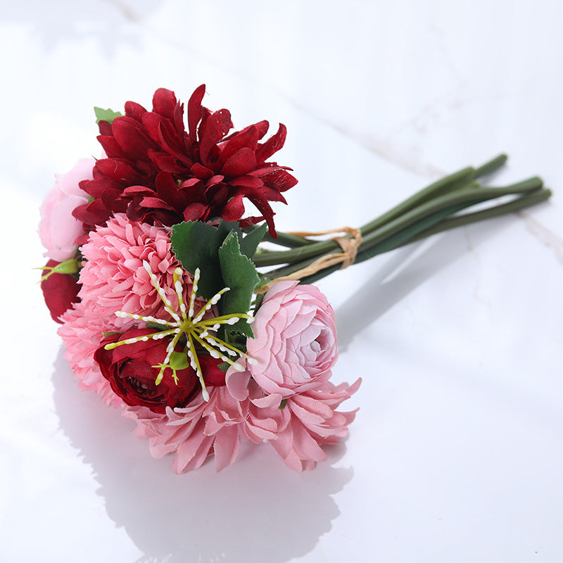12 Inch Mixed Faux Chrysanthemum Pompon and Peony Buds Bouquet, 10 Pcs Artificial Flowers