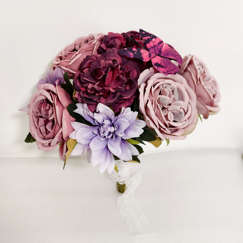 Luxury Box Plum Velvet Artificial Silk Peony Dahlia Flowers with Stems, 10 Pcs, 12 Inch, Bulk for DIY Wedding