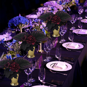 8 Inch Artificial Halloween Flower Arrangement 1 Pc Black Purple Burgundy Blooms with Leaves in Gold Vase