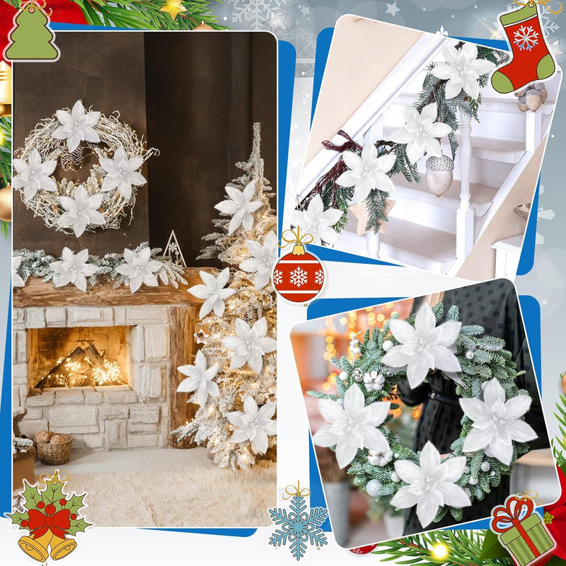 10 Pcs Artificial Poinsettia Flowers Christmas Ornaments Plush Red Holiday Decor