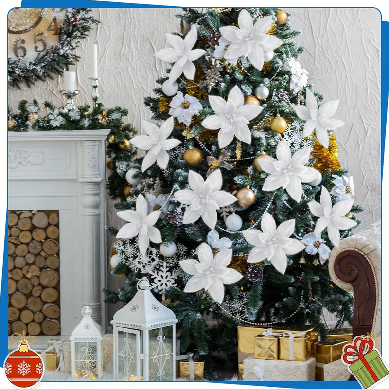 10 Pcs Artificial Poinsettia Flowers Christmas Ornaments Plush Red Holiday Decor