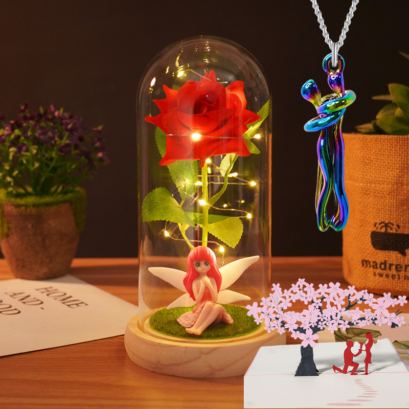 3 Pcs Preserved Rose Set with Jewelry Necklace and Greeting Cards for Valentine Gifts