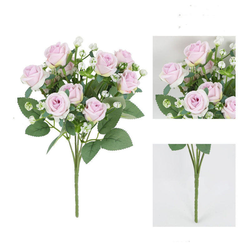 11.8 Inch Artificial Small Rose Blooming Bush with Baby's Breath Bouquet, Bulk Quantity