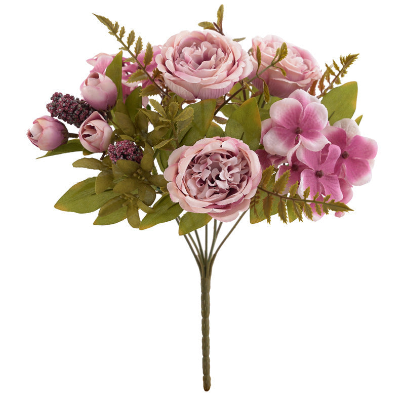12.5 Inch Mixed Artificial Flower Bouquet 10 Pcs Peony Rose Bud Hydrangea Bush Arrangement