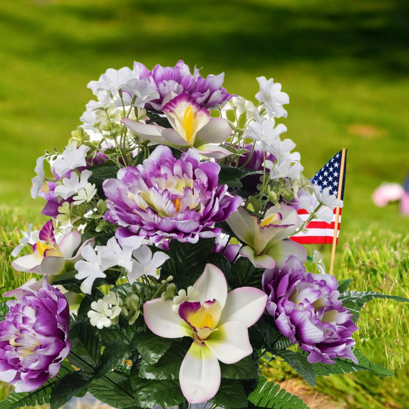 18 Inch Artificial Cemetery Flowers with Vase, 2 Sets Bulk Grave Decoration