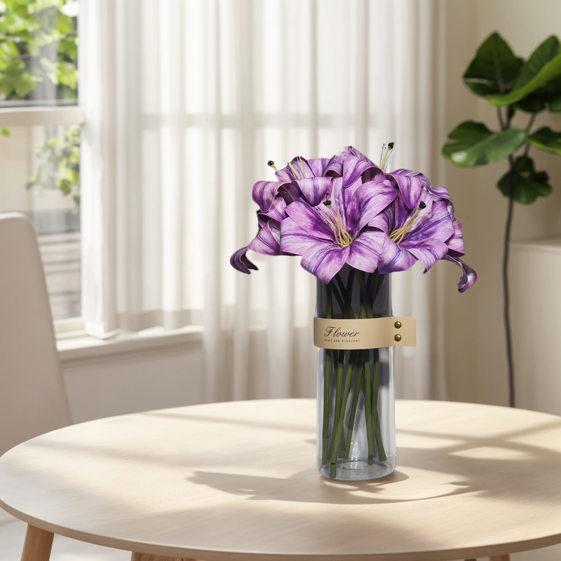 13 Inch Artificial Purple Lilies Flowers with Vase, Potted Silk Flowers, Bulk Set