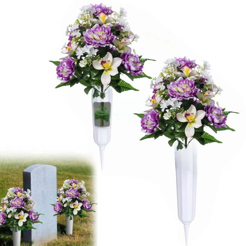 18 Inch Artificial Cemetery Flowers with Vase, 2 Sets Bulk Grave Decoration