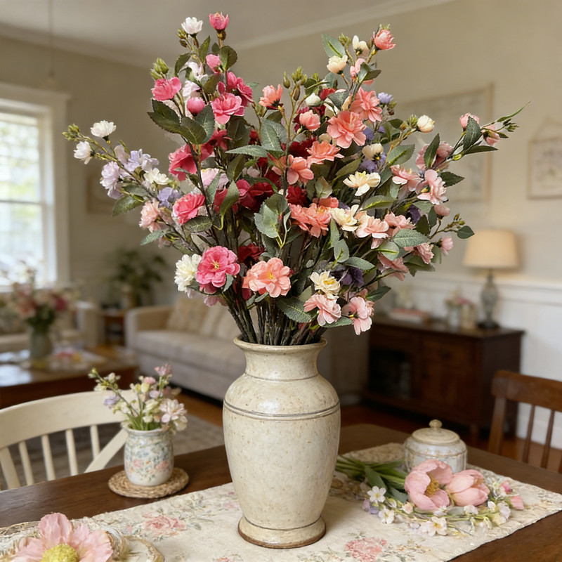 35 Inch Artificial Quince Blossom Branch 1 Pc Spring Floral Decor