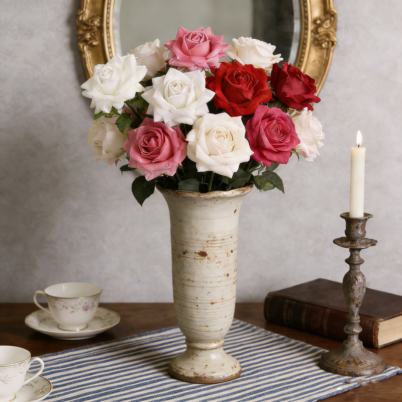 Artificial Blooming Rose Stem 12 Inch Real Touch Silk Flower