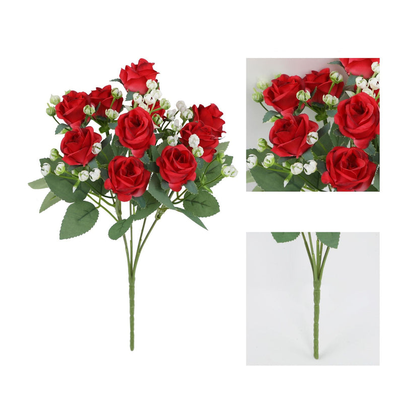 11.8 Inch Artificial Small Rose Blooming Bush with Baby's Breath Bouquet, Bulk Quantity