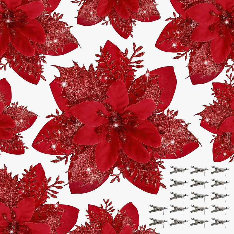 18 Pcs Artificial Poinsettia Flowers with Clips, Red Silk Christmas Decorations Bulk Set