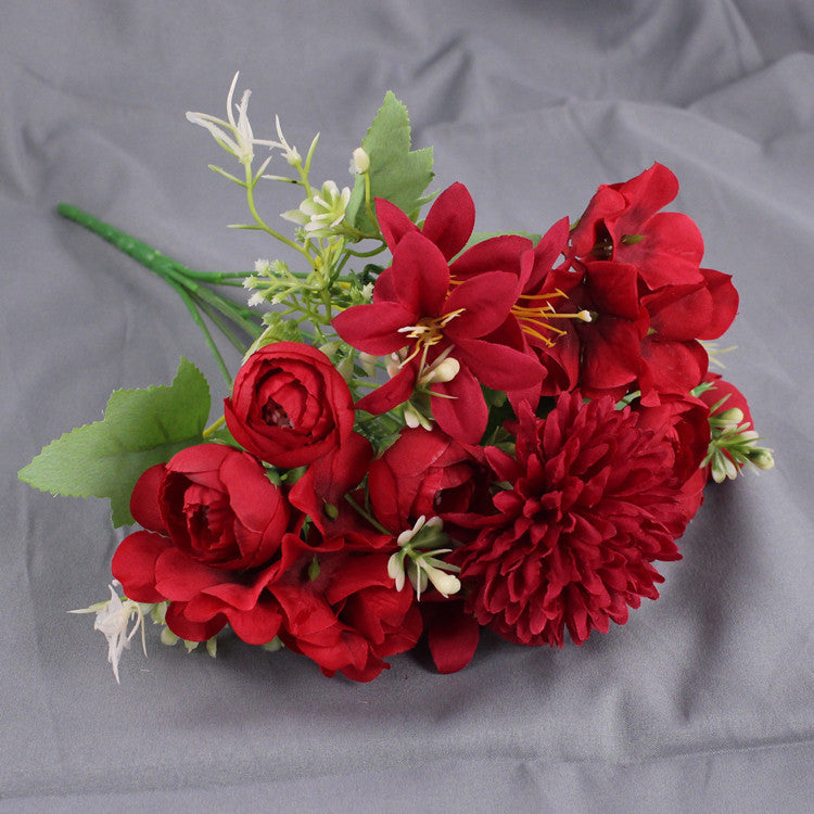12 Inch Mixed Artificial Hydrangea Peony Chrysanthemum Lily Bush Bouquet, 1 Pc