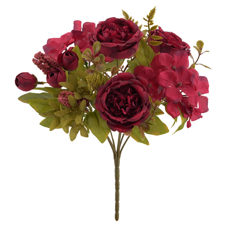 12.5 Inch Mixed Artificial Flower Bouquet 10 Pcs Peony Rose Bud Hydrangea Bush Arrangement
