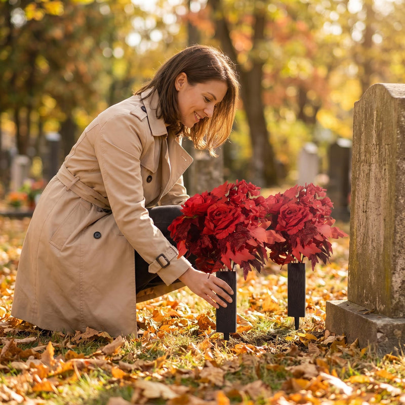 2-Pack Fall Grave Flowers – 24-Head Silk Rose & Begonia Bouquets with Ground Stakes