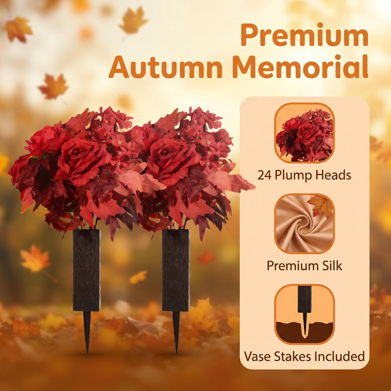 2-Pack Fall Grave Flowers – 24-Head Silk Rose & Begonia Bouquets with Ground Stakes