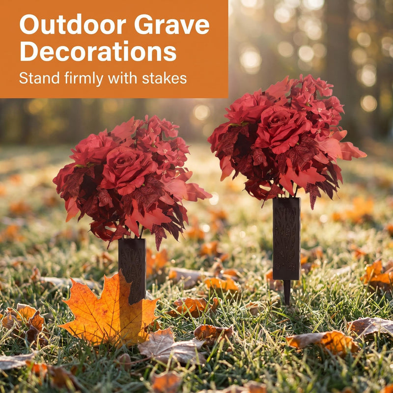 2-Pack Fall Grave Flowers – 24-Head Silk Rose & Begonia Bouquets with Ground Stakes