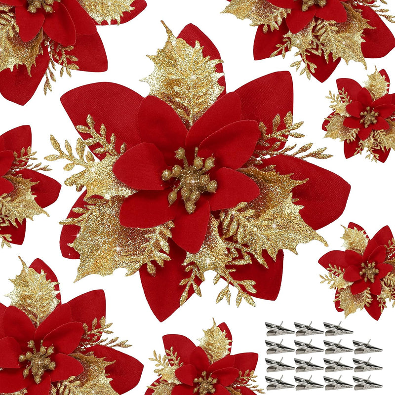 18 Pcs Artificial Poinsettia Flowers with Clips, Red Silk Christmas Decorations Bulk Set