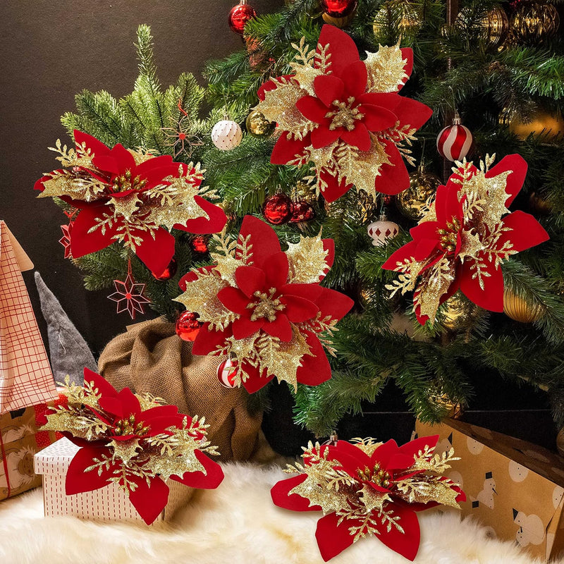 18 Pcs Artificial Poinsettia Flowers with Clips, Red Silk Christmas Decorations Bulk Set