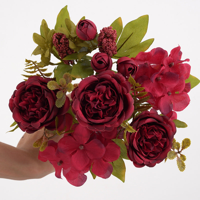 12.5 Inch Mixed Artificial Flower Bouquet 10 Pcs Peony Rose Bud Hydrangea Bush Arrangement